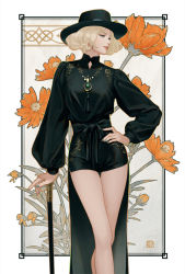 Rule 34 | 1girl, art nouveau, bare legs, black dress, black headwear, blonde hair, blue eyes, blue nails, border, breasts, cane, dress, embroidered dress, feet out of frame, floral background, grey background, hand on own hip, medium breasts, nail polish, original, pink lips, profile, short hair, suda ayaka, white border