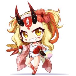 Rule 34 | 1girl, bare shoulders, blonde hair, brown eyes, candy apple, chibi, chocolate banana, corn, corn cob, cotton candy, facial mark, fang, fate/grand order, fate (series), floral print, flower, food, forehead mark, grin, hair flower, hair ornament, holding, holding food, horns, ibaraki douji (fate), ibaraki douji (fate/grand order), ibaraki douji (swimsuit lancer) (fate), ibaraki douji (swimsuit lancer) (second ascension) (fate), japanese clothes, kimono, long hair, long sleeves, looking at viewer, one-piece swimsuit, oni, oni horns, open clothes, open kimono, parted bangs, pink kimono, print kimono, red flower, revision, sausage, shachoo., smile, solo, standing, standing on one leg, strapless, strapless one-piece swimsuit, swimsuit, very long hair, white background, white one-piece swimsuit, wide sleeves