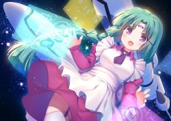 Rule 34 | 1girl, :d, absurdres, apron, blush, braid, character request, choker, commentary request, dress, facial mark, forehead mark, garter straps, green hair, highres, holographic interface, juliet sleeves, long hair, long sleeves, lost universe, low twintails, necktie, open mouth, parted bangs, puffy sleeves, purple choker, purple eyes, purple necktie, red dress, shenbei xiaoqiu, short necktie, smile, solo, space, star (sky), thighhighs, twin braids, twintails, very long hair, white apron, white thighhighs