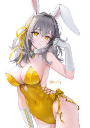Rule 34 | breasts, commentary, gloves, grey hair, hair ornament, highres, honkai: star rail, honkai (series), large breasts, leotard, looking at viewer, pantyhose, playboy bunny, rabbit hair ornament, rity, stelle (honkai: star rail), thighs, trailblazer (honkai: star rail), white gloves, yellow eyes, yellow leotard