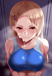 Rule 34 | 1girl, bare shoulders, blonde hair, blush, breasts, closed mouth, collarbone, competition swimsuit, cum, facial, hair ornament, hairclip, huyumitsu, large breasts, looking at viewer, one-piece swimsuit, original, solo, swimsuit, yellow eyes
