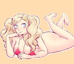 Rule 34 | 10s, 1girl, ass, bikini, blonde hair, blue eyes, blush, bottomless, breasts, cleavage, hair ornament, highres, large breasts, long hair, looking at viewer, lying, notsafeforfruit, on stomach, persona, persona 5, smile, solo, swimsuit, tagme, takamaki anne, twintails
