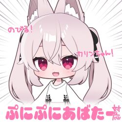 1girl :d akikan_sabako animal_ear_fluff animal_ears black_bow black_ribbon blush bow bra_strap chibi crop_top cropped_torso emphasis_lines fang fox_ears fox_girl hair_between_eyes hair_bow hair_ribbon karin_(vrchat) long_hair long_sleeves looking_at_viewer midriff open_mouth pink_hair puffy_long_sleeves puffy_sleeves red_eyes ribbon shirt sidelocks simple_background sleeves_past_wrists smile solo suspenders sweater twintails upper_body very_long_hair vrchat white_background white_shirt