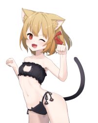 Rule 34 | 1girl, ;d, alternate costume, animal ear fluff, animal ears, blonde hair, cat ears, cat lingerie, cat tail, commentary request, fang, hands up, hino (yuruyurukoubou), kemonomimi mode, light blush, meme attire, navel, one eye closed, open mouth, paw pose, petite, rumia, short hair, simple background, smile, solo, tail, touhou, v-shaped eyebrows, white background