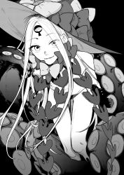 Rule 34 | 1girl, abigail williams (fate), abigail williams (third ascension) (fate), bow, bowtie, fate/grand order, fate (series), full body, greyscale, hat, hat bow, highres, keyhole, leaning forward, long hair, looking at viewer, monochrome, noz 2to, parted bangs, simple background, smile, solo, tentacles, third eye, witch hat
