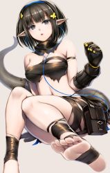 Rule 34 | 1girl, arknights, arm support, armlet, bandeau, bare shoulders, black eyes, black gloves, black hair, black legwear, blunt bangs, breasts, commentary, earphones, eunectes (arknights), feet, feet out of frame, flower, foot focus, foreshortening, gloves, hair flower, hair ornament, highres, kageharu, knees together feet apart, looking at viewer, medium breasts, midriff, navel, open mouth, pointy ears, pouch, sarashi, scarf, short hair, simple background, snake tail, soles, solo, strapless, tail, thigh pouch, thigh strap, thighs, tube top, underboob, white background