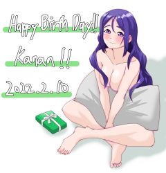 Rule 34 | 1girl, absurdres, alternate hairstyle, bare legs, bare shoulders, barefoot, blue hair, blush, box, breasts, chokkakudo, collarbone, feet, female focus, full body, gift, gift box, hair between eyes, hair down, happy birthday, highres, holding, holding pillow, indian style, long hair, looking at viewer, love live!, love live! sunshine!!, matsuura kanan, medium breasts, nude, parted lips, pillow, pillow cover, purple eyes, sitting, smile, solo, toes, white background