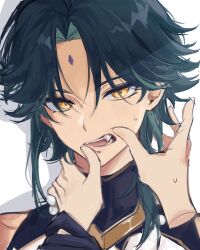 Rule 34 | 1boy, 1other, absurdres, bead necklace, beads, black hair, facial mark, fang, forehead mark, genshin impact, green hair, hair between eyes, highres, jewelry, looking at viewer, male focus, mnce o, multicolored hair, necklace, orange eyes, pov, pov hands, simple background, sweat, upper body, white background, xiao (genshin impact), yellow eyes