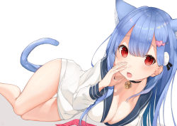Rule 34 | 1girl, absurdres, animal ears, bare legs, bell, black choker, blue hair, blush, breasts, cat ears, cat tail, choker, cleavage, cupping hand, cupping hands, hair between eyes, hair ornament, heart, heart hair ornament, highres, light blue hair, long hair, long sleeves, looking at viewer, lying, medium breasts, neck bell, on side, open mouth, own hands together, plivyou, red eyes, sailor collar, school uniform, serafuku, shikai yue, shin no tenpii, shirt, simple background, solo, straight hair, tail, thighs, virtual youtuber, white background, white shirt
