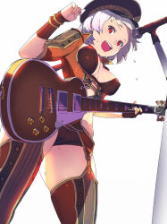 Rule 34 | 1girl, :d, black headwear, bra, bracelet, breasts, brown bra, brown panties, electric guitar, enkyo yuuichirou, covered erect nipples, flying sweatdrops, from below, garter belt, guitar, hand up, hat, highres, hisho collection, holding, holding instrument, instrument, jewelry, gibson les paul, looking at viewer, looking down, medium breasts, microphone, microphone stand, music, open mouth, panties, playing instrument, red eyes, short hair, simple background, smile, standing, thighhighs, underwear, white background, white hair, wristband