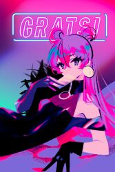 1girl black_dress black_gloves commentary_request covered_mouth double_bun dress earrings eyelashes gloves hair_between_eyes hair_bun holding jewelry long_hair looking_ahead lying marina_(mrn9) neon_palette original pink_light sidelocks solo turtleneck turtleneck_dress