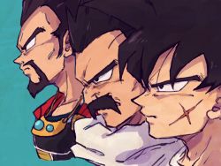 Rule 34 | 3boys, adam&#039;s apple, armor, bardock, beard, black eyes, black hair, blue background, cheekbones, close-up, closed mouth, collarbone, cropped shoulders, dragon ball, dragon ball minus, dragon ball super, dragon ball super broly, dragonball z, facial hair, facial scar, facing away, from side, frown, highres, jewelry, king vegeta, lineup, looking afar, male focus, multiple boys, necklace, paragus (dragon ball super), profile, scar, scar on cheek, scar on face, serious, simple background, spiked hair, tkgsize, wrinkled skin