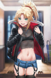 Rule 34 | 1girl, alternate costume, bandeau, black jacket, black thighhighs, blonde hair, blue shorts, blurry, blurry background, blush, braid, breasts, commentary request, crop top, cutoffs, denim, denim shorts, fate/apocrypha, fate (series), fishnets, french braid, green eyes, hair ornament, hair scrunchie, highres, jacket, jewelry, long hair, long sleeves, looking at viewer, midriff, mordred (fate), mordred (fate/apocrypha), navel, necklace, open clothes, open jacket, open mouth, parted bangs, ponytail, ribs, scrunchie, short shorts, shorts, sidelocks, small breasts, smile, solo, thighhighs, thighs, tonee