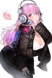 Rule 34 | 1girl, absurdres, aqua eyes, blush, bound, bound thighs, breasts, cleavage, colored inner hair, headphones, highres, large breasts, long hair, looking at viewer, mizuiro sanshou, multicolored hair, nitroplus, open mouth, pink eyes, pink hair, solo, super sonico, two-tone hair