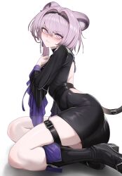 Rule 34 | 1girl, absurdres, animal ears, arknights, ass, bare back, belt, black belt, black dress, black footwear, black hairband, blush, boots, breasts, closed mouth, clothing cutout, commentary, dress, earrings, english commentary, full body, hairband, high heels, highres, jewelry, kneeling, lin (arknights), long hair, long sleeves, looking at viewer, looking to the side, medium breasts, mildt, mouse ears, mouse tail, pink eyes, pink hair, shoes, simple background, single earring, sitting, solo, tail, thigh strap, thighs, two-tone dress, wariza, white background