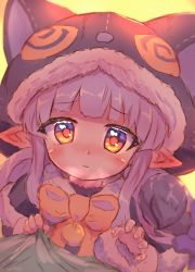 Rule 34 | 1girl, animal hood, blush, bow, bowtie, cat hood, claw pose, closed mouth, clothes grab, commentary, fur-trimmed hood, fur-trimmed jacket, fur-trimmed sleeves, fur trim, furrowed brow, highres, hood, jacket, kyouka (halloween) (princess connect!), kyouka (princess connect!), long hair, long sleeves, looking at viewer, ooba jun, pointy ears, portrait, pov, princess connect!, purple bow, purple hair, red eyes, sidelocks, simple background, smile, solo focus, upper body, yellow bow, yellow bowtie