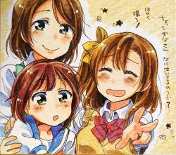 Rule 34 | 10s, 3girls, :o, bad id, bad twitter id, blue eyes, blush, bow, bowtie, brown hair, collared shirt, commentary request, family, green eyes, hair bow, hand on another&#039;s shoulder, highres, kosaka honoka, kosaka honoka&#039;s mother, kosaka yukiho, looking at viewer, love live!, love live! school idol project, mother and daughter, multiple girls, one side up, open mouth, orange hair, otonokizaka school uniform, red bow, red bowtie, red hair, school uniform, serafuku, shirt, short hair, short sleeves, siblings, side ponytail, sisters, smile, striped bow, striped bowtie, striped clothes, striped neckwear, surufuji, traditional media, translation request, v, yellow bow