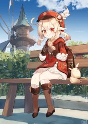 Rule 34 | 1girl, backpack, bag, bench, blonde hair, boots, brown bag, brown footwear, brown gloves, bush, chibirisu, cloud, commentary request, day, eyelashes, feathers, from below, genshin impact, gloves, hat, highres, klee (genshin impact), long sleeves, outdoors, pointy ears, red eyes, short twintails, sitting, sky, solo, striped legwear, twintails, windmill