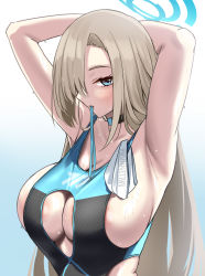 Rule 34 | 1girl, adjusting hair, arm behind head, armpits, arms up, asuna (blue archive), bad id, bad twitter id, blonde hair, blue archive, blue ribbon, breasts, choker, cleavage cutout, clothing cutout, gachou, hair over one eye, halo, large breasts, mouth hold, one-piece swimsuit, ribbon, ribbon in mouth, swim cap, swimsuit, wet