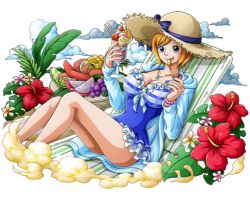 Rule 34 | 1girl, artist request, beach chair, berry, blue eyes, blue one-piece swimsuit, blue ribbon, blue shirt, breasts, chair, cleavage, cloud, eating, facing viewer, flower, food, frills, fruit, grapes, happy, hat, hat ornament, hat ribbon, holding, holding food, holding ice cream, holding spoon, hood, hoodie, ice cream, jewelry, koala (one piece), large breasts, licking, looking at viewer, melon, necklace, one-piece swimsuit, one piece, open clothes, open shirt, orange hair, outdoors, parted lips, plant, ribbon, shirt, short hair, simple background, sitting, smile, solo, spoon, straw hat, sun hat, swimsuit, tongue, tongue out, watermelon