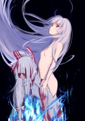 Rule 34 | 1girl, absurdres, black background, blood, blood in hair, blood on clothes, blood on face, blue fire, bow, commentary, completely nude, fire, fujiwara no mokou, hair bow, highres, long hair, looking at viewer, nude, red bow, red eyes, shedding, shirt, simple background, solo, suspenders, touhou, uzumibi, very long hair, white bow, white shirt
