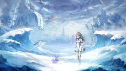 Rule 34 | 1girl, bare shoulders, black hair, boots, breasts, cloud, cloudy sky, commentary request, creature, dress, flying, knee boots, long hair, medium breasts, mountain, original, outdoors, overcast, ruins, scenery, sky, sleeveless, sleeveless dress, snow, solo, standing, suishougensou, tree, white dress, wide shot