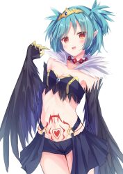 Rule 34 | 1girl, bird legs, black feathers, black wings, blush, breasts, claws, cleavage, commentary request, commission, feathers, harpy, heart, heart tattoo, highres, indie virtual youtuber, kulori, lincoro, monster girl, navel, open mouth, pointy ears, red eyes, short hair, short twintails, simple background, skeb commission, small breasts, solo, stomach tattoo, talons, tattoo, tiara, twintails, virtual youtuber, white background, winged arms, wings
