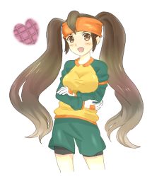 Rule 34 | 1girl, blush, breasts, brown eyes, brown hair, crossed arms, endou mamoru, female focus, gender request, genderswap, headband, image sample, inazuma eleven, inazuma eleven (series), large breasts, long hair, open mouth, pixiv sample, resized, simple background, smile, soccer uniform, solo, sportswear, twintails, white background