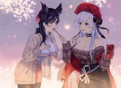 Rule 34 | 2girls, animal ears, araiyme, atago (azur lane), azur lane, bare shoulders, belfast (azur lane), belfast (shopping with the head maid) (azur lane), choker, cowboy shot, dog ears, extra ears, food, hair ornament, hat, long hair, multiple girls, official alternate costume, open mouth, pantyhose, pocky, pocky day, product placement, sharing food, skirt, sweater