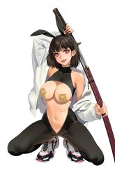 Rule 34 | 1girl, :q, animal ears, arm up, bare shoulders, breasts, brown hair, cameltoe, center opening, covered collarbone, earrings, fake animal ears, highres, holding, holding weapon, hongcasso, hood, hood down, hooded jacket, jacket, jewelry, large breasts, long sleeves, navel, open clothes, open jacket, original, pasties, pink eyes, rabbit ears, shoes, short hair, simple background, solo, squatting, tape, tape on nipples, teeth, thighs, tongue, tongue out, unzipped, upper teeth only, weapon, white jacket, zipper, zipper pull tab