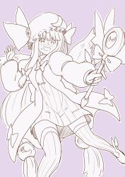 Rule 34 | 1girl, :d, blush, bow, crescent, crescent pin, dress, embarrassed, hair bow, hand up, hat, holding, holding wand, long hair, looking at viewer, magical girl, monochrome, open mouth, outline, patchouli knowledge, mob cap, poronegi, purple theme, short dress, smile, solo, sweatdrop, thighhighs, touhou, wand, white outline, wide-eyed, winged footwear