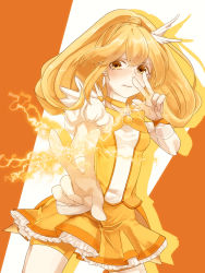 Rule 34 | 10s, 1girl, bad id, bad pixiv id, blonde hair, blush, bow, cure peace, double v, electricity, hair flaps, highres, kise yayoi, memai, precure, shorts, shorts under skirt, skirt, smile precure!, solo, v, wide ponytail, yellow bow, yellow shorts, yellow skirt, yellow theme
