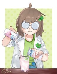 Rule 34 | 1girl, ahoge, alternate costume, blue shorts, brown hair, can, child, coke-bottle glasses, denim, denim shorts, dotted background, fingernails, food, freckles, fruit, girutea, glass, glasses, green background, green hair ornament, green shirt, hair ornament, highres, indie virtual youtuber, lab coat, lily hopkins, liquid, medium hair, messy hair, milk, neck, peach, peach milk, round eyewear, science, science clothes, shirt, shorts, simple background, smile, spiral, strawberry, strawberry milk, table, upper body, white background, wood, wooden table
