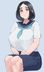 Rule 34 | 1girl, black hair, blue eyes, blue period, blue sailor collar, blue sky, blush, breasts, closed mouth, commentary, grey background, hand on own leg, highres, huge breasts, large breasts, legs together, looking at viewer, mori maru, okpriko, sailor collar, school uniform, serafuku, shirt, short hair, short sleeves, simple background, sitting, sky, smile, solo, tareme, white shirt