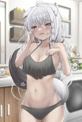 Rule 34 | 1girl, absurdres, ahoge, animal ear fluff, animal ears, bikini, black bikini, blurry, blurry background, blush, braid, breasts, cleavage, commentary request, earrings, ears down, fox ears, fox girl, fox tail, fubuzilla (shirakami fubuki), green eyes, hair between eyes, hand in own hair, highres, hololive, indoors, jewelry, long hair, looking at viewer, medium breasts, messy hair, navel, open mouth, pentagram, rimamo, shirakami fubuki, sidelocks, single braid, solo, swimsuit, tail, virtual youtuber, wavy mouth, wet, white hair