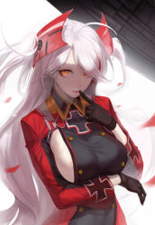 Rule 34 | 1girl, absurdres, ahoge, areola slip, areolae, arm under breasts, azur lane, bangs, black gloves, breasts, closed mouth, clothing cutout, commentary, finger to mouth, gloves, hand up, headgear, highres, huskk, index finger raised, iron cross, large breasts, lipstick, long hair, long sleeves, looking at viewer, machinery, makeup, military, military uniform, mole, mole on breast, multicolored hair, no bra, orange eyes, prinz eugen (azur lane), sideboob, simple background, solo, streaked hair, swept bangs, uniform, upper body, white background, white hair