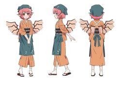 Rule 34 | 1girl, animal ears, apron, bird ears, bird wings, blue apron, blue scarf, brown footwear, brown kimono, brown sash, character sheet, closed mouth, commentary request, feathered wings, flip-flops, happy, head scarf, japanese clothes, kimono, long sleeves, multiple views, musical note, musical note print, mystia lorelei, obi, okamisty, pink hair, pink wings, red eyes, sandals, sash, scarf, short hair, simple background, smile, socks, standing, touhou, touhou mystia&#039;s izakaya, white background, white socks, wide sleeves, wings, youzikk