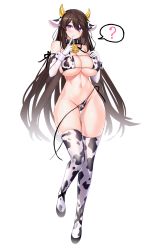 Rule 34 | 1girl, ?, absurdres, alternate costume, animal ears, animal print, arm strap, bad id, bad pixiv id, bell, bikini, bindong, black footwear, black hair, black ribbon, blush, breast suppress, breasts, cleavage, collar, counter:side, cow ears, cow horns, cow print, cowbell, elbow gloves, finger to mouth, full body, gloves, hair between eyes, highres, horns, index finger raised, large breasts, long hair, looking at viewer, micro bikini, neck bell, print bikini, print gloves, print thighhighs, purple eyes, ribbon, shoes, shushing, side-tie bikini bottom, simple background, skindentation, solo, spoken question mark, standing, standing on one leg, string bikini, swimsuit, thigh gap, thighhighs, underboob, untied bikini, very long hair, white background, white gloves, yoo mina