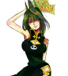 Rule 34 | 1girl, breasts, china dress, chinese clothes, cleavage, cowboy shot, dress, female focus, green hair, open mouth, purple eyes, shaman king, short hair, simple background, smile, solo, standing, tao jun, white background