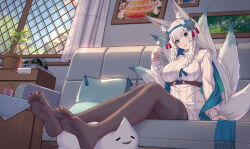 Rule 34 | 1girl, absurdres, animal ears, blue eyes, clover theater, couch, feet, fox ears, fox tail, highres, kitsune, light blush, long hair, looking at viewer, multiple tails, nairobi song, pantyhose, parted lips, scarf, sitting, soles, tail, toes, white hair