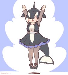 Rule 34 | 1girl, arms up, black hair, blue background, cetacean tail, coroha, dress, fins, fish tail, full body, hair over one eye, head fins, jumping, kemono friends, looking at viewer, orca (kemono friends), orca girl, pantyhose, shirt, shoes, short hair, simple background, skirt, solo, tail