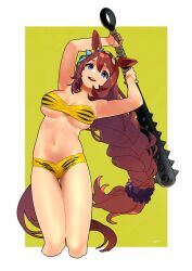 Rule 34 | 1girl, animal ears, animal print, bikini, blue eyes, border, breasts, brown hair, club (weapon), cosplay, cropped legs, gluteal fold, highres, holding, holding club, holding weapon, horse ears, horse girl, large breasts, long hair, looking at viewer, lum, lum (cosplay), navel, open mouth, rongai rongai, signature, solo, super creek (umamusume), swimsuit, tiger print, umamusume, urusei yatsura, very long hair, weapon, white border
