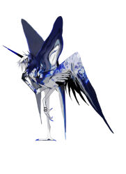 Rule 34 | animal focus, black wings, blue nails, blue wings, full body, grey wings, highres, horns, kamikiririp, monster, no humans, original, single horn, solo, white background, wings