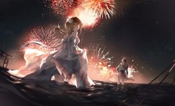 Rule 34 | 1boy, 1girl, absurdres, brown eyes, brown hair, detached sleeves, dress, fireworks, flower, from behind, genshin impact, hair flower, hair ornament, highres, jacket, looking at viewer, looking back, lumine (genshin impact), night, night sky, ocean, open mouth, pants, partially submerged, red scarf, revision, scarf, short hair, short hair with long locks, silver dress, skirt hold, sky, tartaglia (genshin impact), torii, white jacket, white pants, white scarf, zeklewa