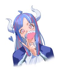 Rule 34 | 1girl, blue cape, blue hair, blue nails, cape, covered mouth, curled horns, heart, horns, long hair, looking at viewer, mask, mouth mask, multicolored hair, one piece, pink eyes, pink hair, pink mask, raine (acke2445), simple background, solo, streaked hair, ulti (one piece), v, white background