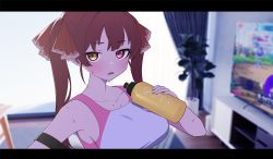 Rule 34 | 1girl, blurry, blurry background, blush, bottle, breasts, brown eyes, hair ribbon, heterochromia, highres, holding, holding bottle, hololive, houshou marine, indoors, large breasts, letterboxed, long hair, parted lips, plant, potted plant, pretty mundane, red eyes, red hair, red ribbon, ribbon, shirt, solo, squeeze bottle, sweat, television, upper body, virtual youtuber, white shirt