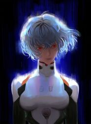 Rule 34 | 1girl, arhnt, arms at sides, aura, ayanami rei, black background, blue hair, bodysuit, breasts, closed mouth, commentary, english commentary, floating hair, highres, looking to the side, medium breasts, neon genesis evangelion, pilot suit, plugsuit, red eyes, short hair, solo, upper body, white bodysuit
