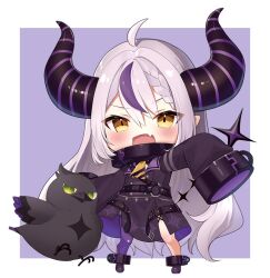 Rule 34 | 1girl, ahoge, bird, black coat, border, braid, chibi, coat, commentary, crow (la+ darknesss), demon girl, demon horns, eyelashes, fang, grey hair, hololive, horns, la+ darknesss, la+ darknesss (1st costume), long hair, looking at viewer, multicolored hair, open mouth, outstretched arms, purple hair, purple thighhighs, side braid, simple background, single thighhigh, skin fang, sleeves past fingers, sleeves past wrists, smile, solo, standing, streaked hair, thighhighs, usushio, v-shaped eyebrows, very long hair, virtual youtuber, white border, yellow eyes