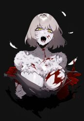 Rule 34 | 1girl, absurdres, blonde hair, blood, blood on chest, blood on hands, body fur, chimera, claws, dungeon meshi, falin touden, falin touden (chimera), fangs, feathers, highres, masoq, monster girl, pale color, pale skin, solo, talons, upper body, yellow eyes