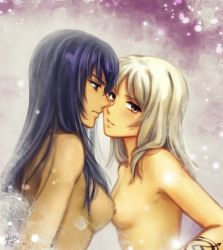 Rule 34 | 2girls, 428, alphard (canaan), blue hair, breast press, breasts, brown eyes, canaan (character), canaan (series), couple, head tilt, highres, imminent kiss, kay-i, long hair, looking at another, looking at viewer, medium breasts, multiple girls, nipples, nude, parted lips, silver hair, straight hair, symmetrical docking, upper body, yuri
